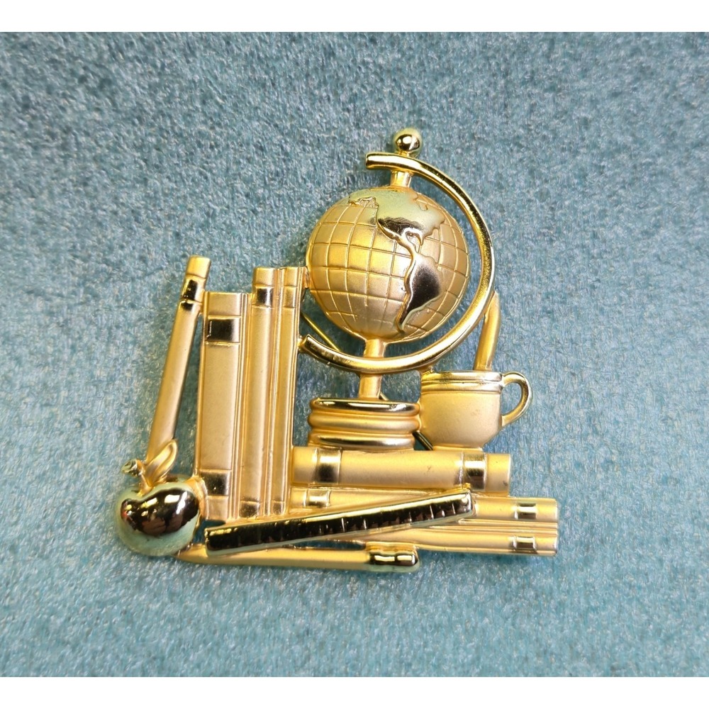 Vintage Gold Tone Globe & Books Brooch Pin - Gift for Teacher or Professor